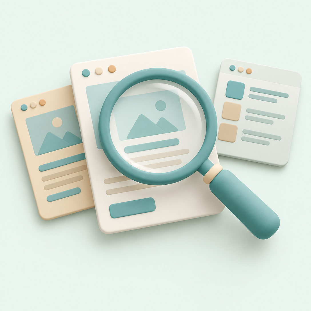 Magnifying glass over pastel website wireframe cards